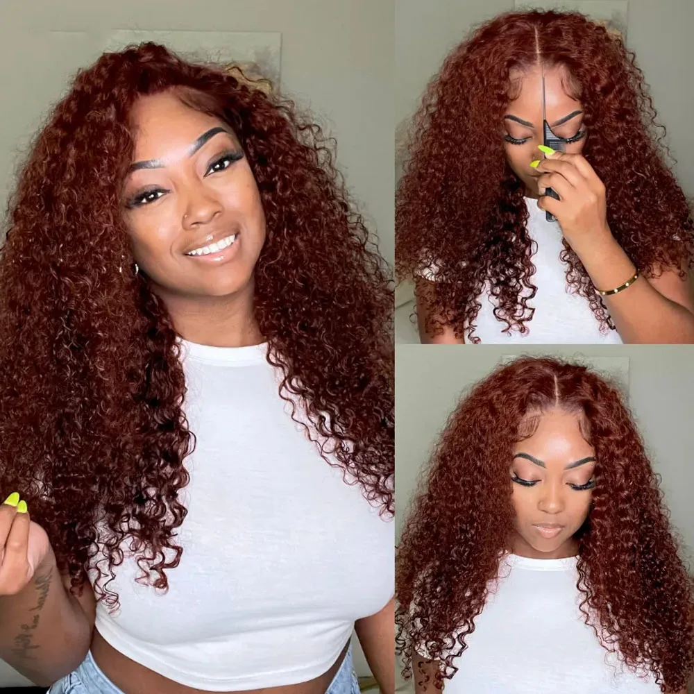 Reddish Brown Kinky Curly Wig 13x4 Lace Frontal Wig Human Hair Dark Brown Copper Red PrePlucked HD Frontal Wigs On Sale Glueless