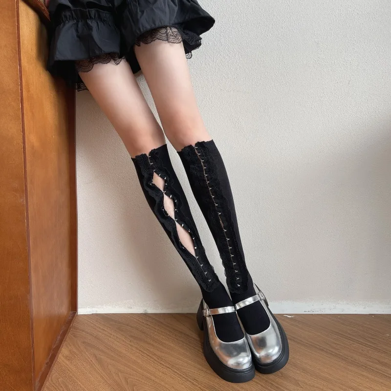 2025 Autumn New Millennium Y2K Stockings Hot Girl Retro Underwear Buckle Lace Hollow Unique Design Long Tube Calf Pile Socks