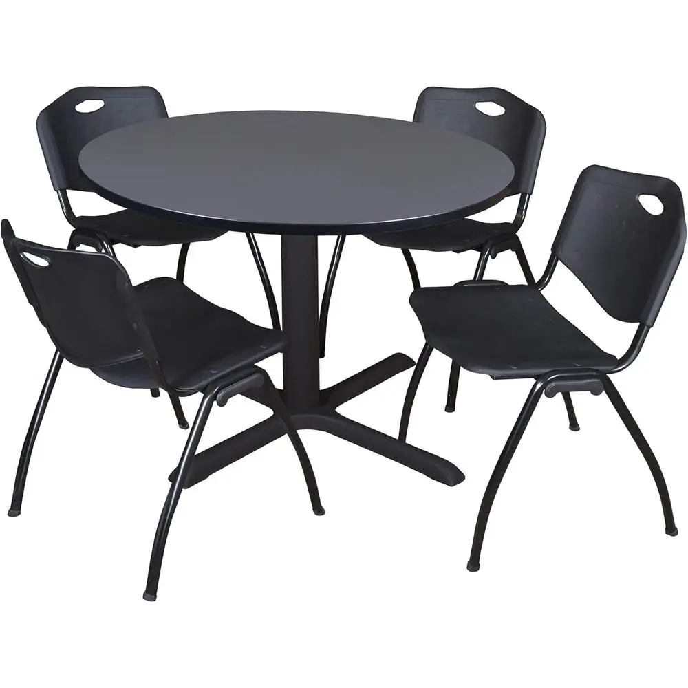48 Round Grey Breakroom Table with 4 Stackable Black Chairs