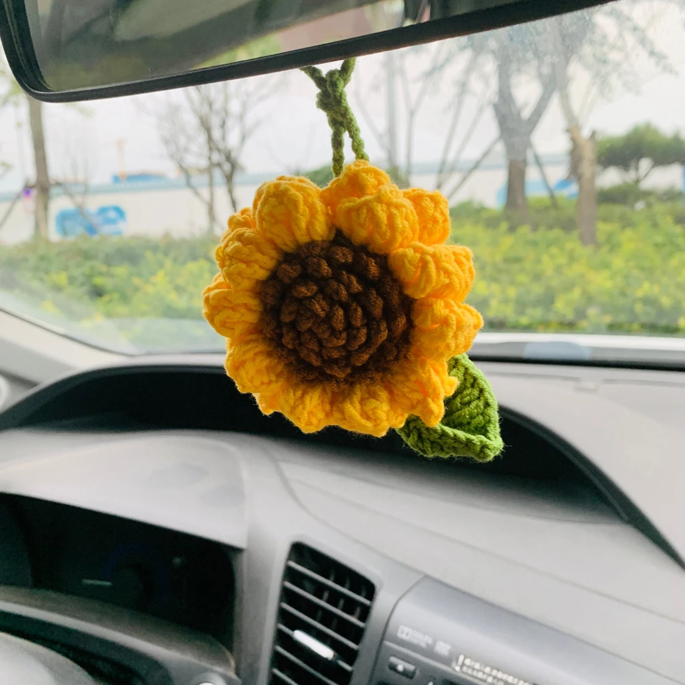 Handmade Cute Sunflower Kawaii Flower Car Mirror Hanging Charm Fruit Decor Teens Interior Rear View Mirror Car Accessories