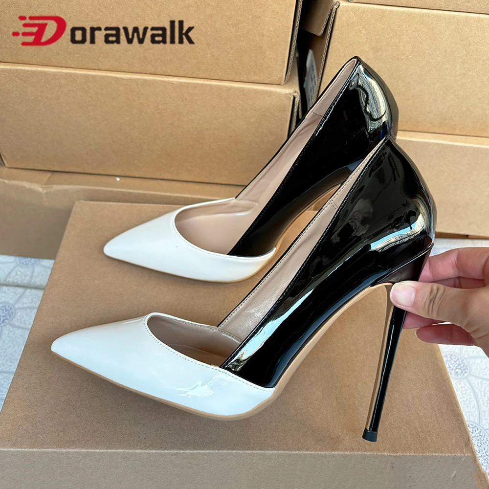 

Designer 8/10/12cm Woman High Heels Black White Patchwork Pointed Toe Glossy Patent Shallow Stilettos Pumps Comfortable Shoes