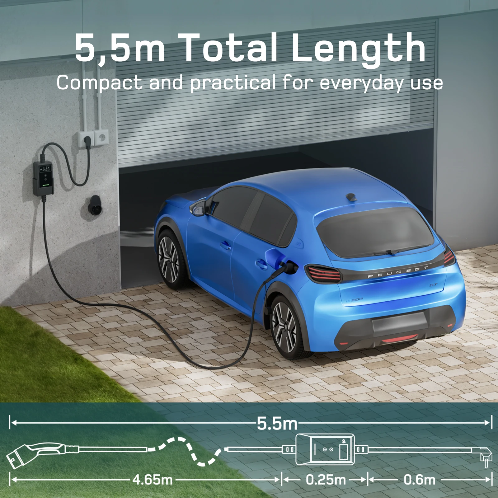 dé EV Charger 3,7kW 5.5m 7m 10m Charging Cable 16A Electric Car Type 2 Schuko Plug with Digital LCD and Wall Mounting Bracket