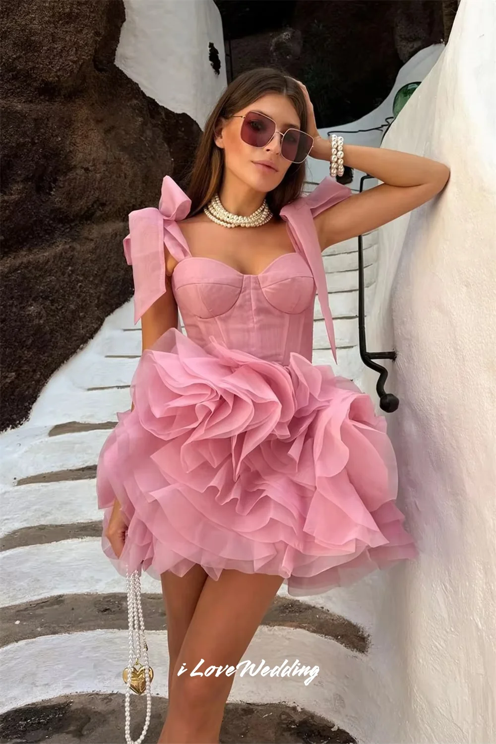 Pink Sweetheart Homecoming Dress 2025 Bow Spaghetti-Strap Sleeveless Backless A-Line Mini Skirt Pleated Party Dresses Customized