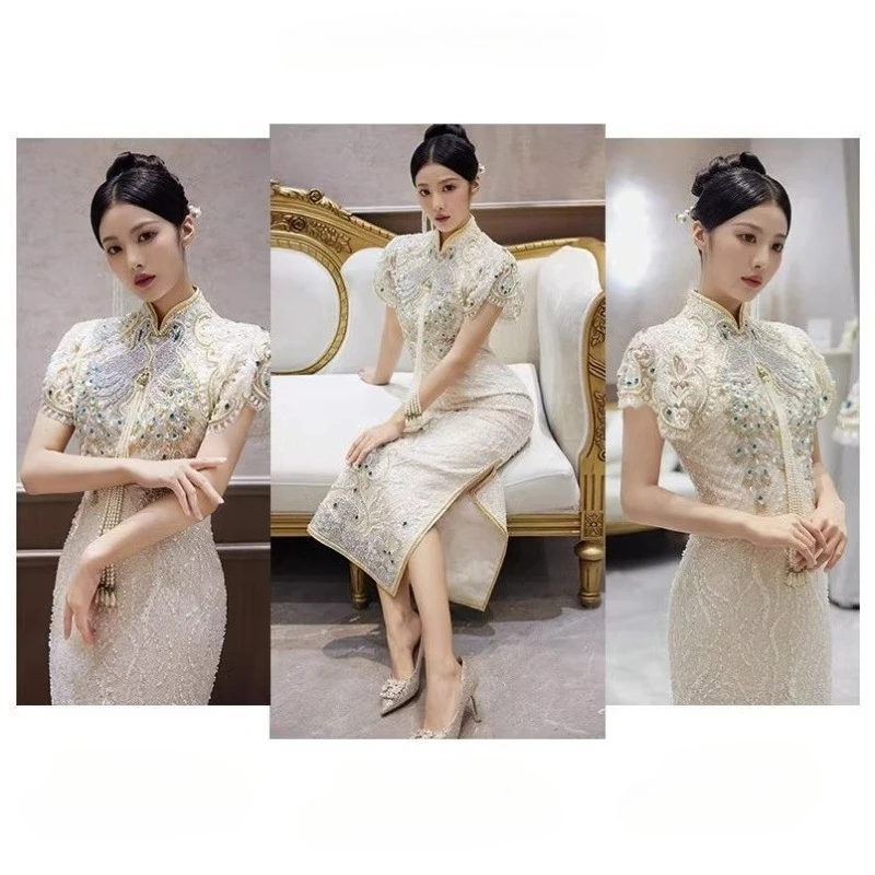 New Chinese-style Improved Cheongsam Light Luxury Heavy Embroidery Retro Chinese Style Engagement Dress Fashion Evening Dress