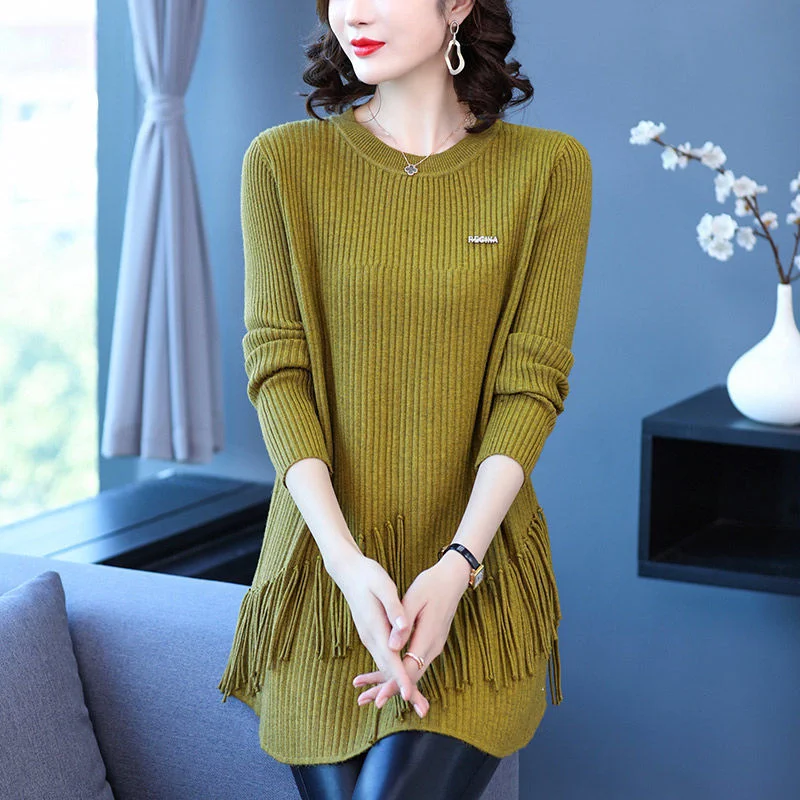 

2022NEW Autumn Women Sweaters Pullovers O-Neck Long Sleeve Knitted Coat Casual Tassels Long Sweater Dress Female Jumper Full Top