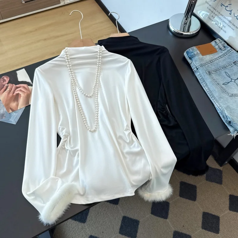 New Chinese Style Autumnal Women's Base Layer Top with Stand Collar And Fur Sleeves Unique Personality Upper Body Fashionable...