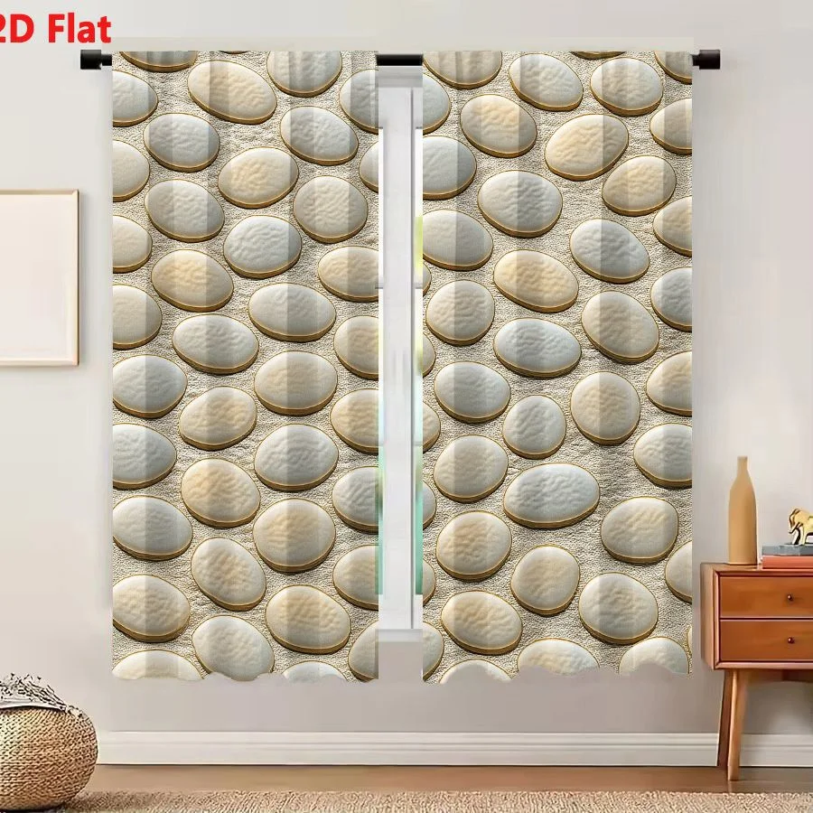 2Pcs Curtains 2D Flat Oval Off-white Textured Objects With Embossed Patterns On Beige Surface Window Drapes for Bedroom Room Dec