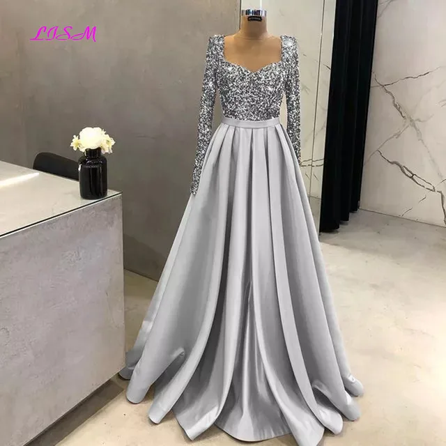 Elegante Pailletten Abendkleider 2022 für Frauen Langen Ärmeln Liebsten A-Line Satin Hochzeit Prom Formale Party Kleider Party Nacht