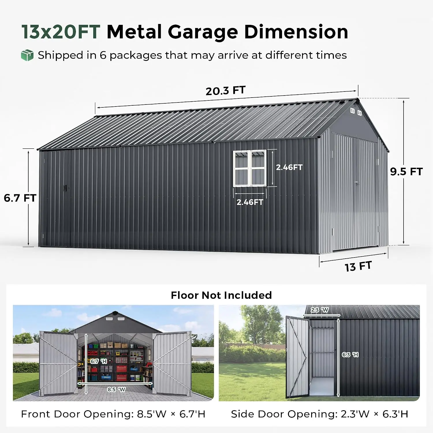 13x20x9.5 FT Outdoor Metal Garage, Enclosed Carport with Solar Light Bars, Customized