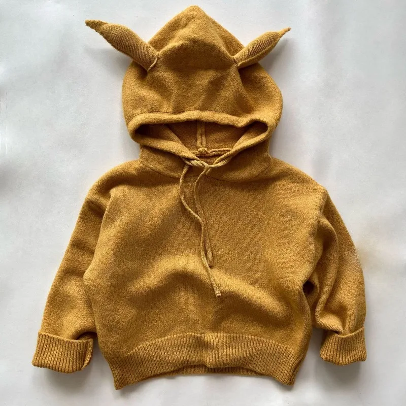 2025 Autumn Kids Sweater 1-6Y Cute Ears Hooded Pullover Boys And Girls Loose warm Knit Tops Baby Clothes Children Sweaters