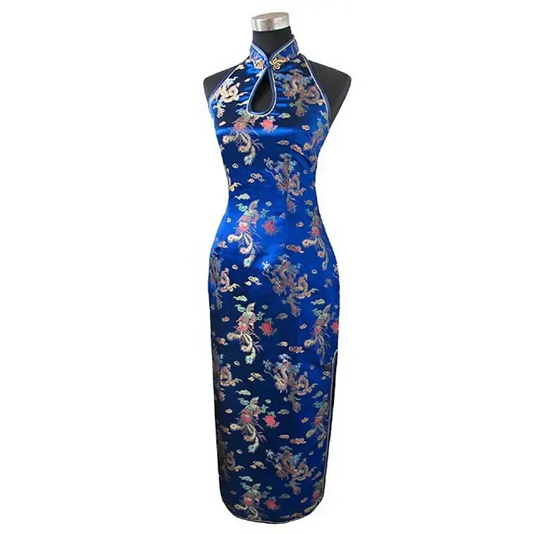 Elegant Women Halter Cheongsam Backless Costume Dress Mujeres Vestido Lady Satin Banquet Gown Long Qipao Party Clothes