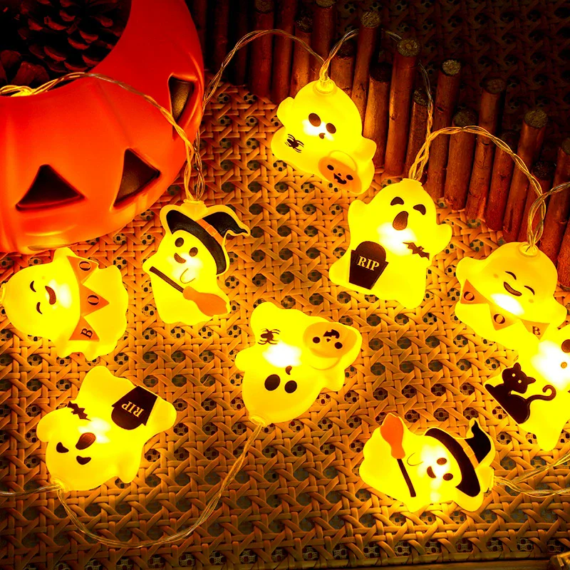 Halloween Ghost LED String Lights, Cute Fairy Lights with Pumpkin Cat Bat Spider Tombstone Pattern, Battery Operated Spooky