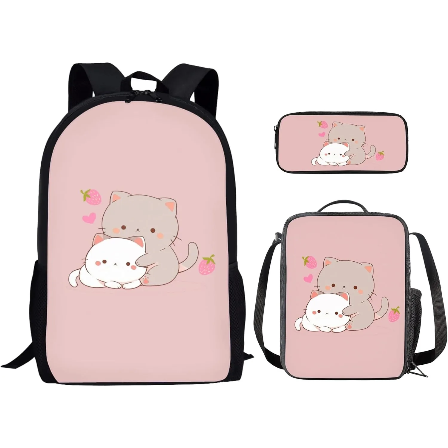 

Набор школьных сумок с котенком и котом, рюкзак с коробкой для завтрака и сумкой-карандашом, клубничная сумка для книг, студенческая сумка, школьная сумка на плечо