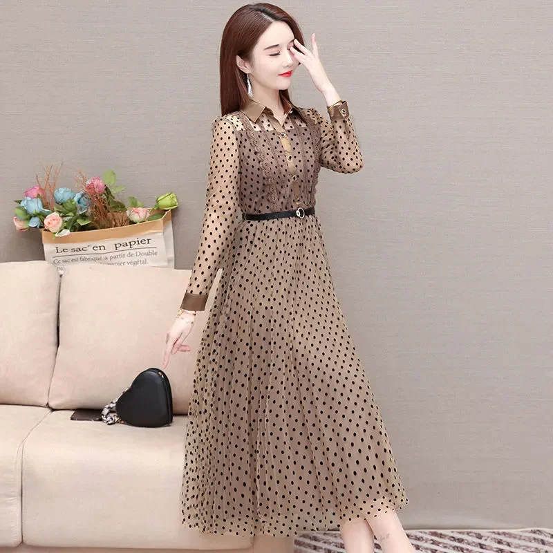 Fake Two-piece Gauze Dress Women Spring and Autumn 2024 New Fashion Mother Installed Waist-shrinking and Slim Polka-dot Skirt