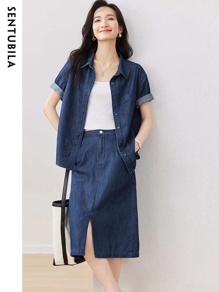 SENTUBILA Denim 2 Piece Skirt Set for Women 2024 Casual Short Sleeve Jean Jacket Split Denim Skirt Two Piece Outfit W32Z50169