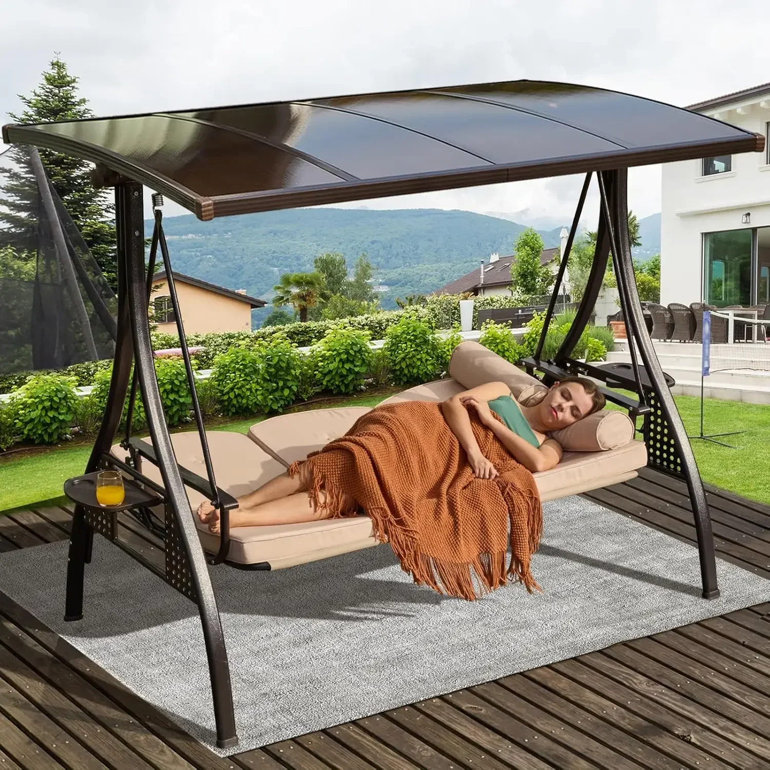 3-Seat Patio Porch Swing with Adjustable Hardtop,3 in 1 Convertible Outdoor Porch Swing for Adults,Patio Swing with Thicken