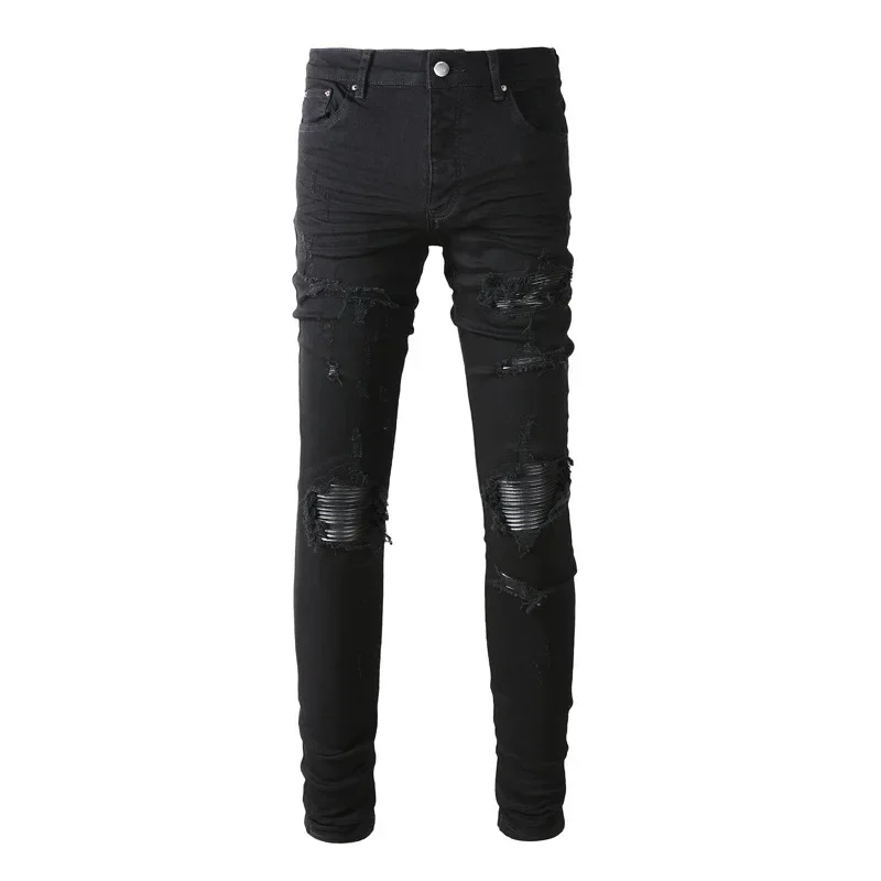 Street Style Men's Jeans Vintage Black Ripped Slim Fit Hip Hop Sweatpants Trendy Branded Male Cotton Pants Casual Wear