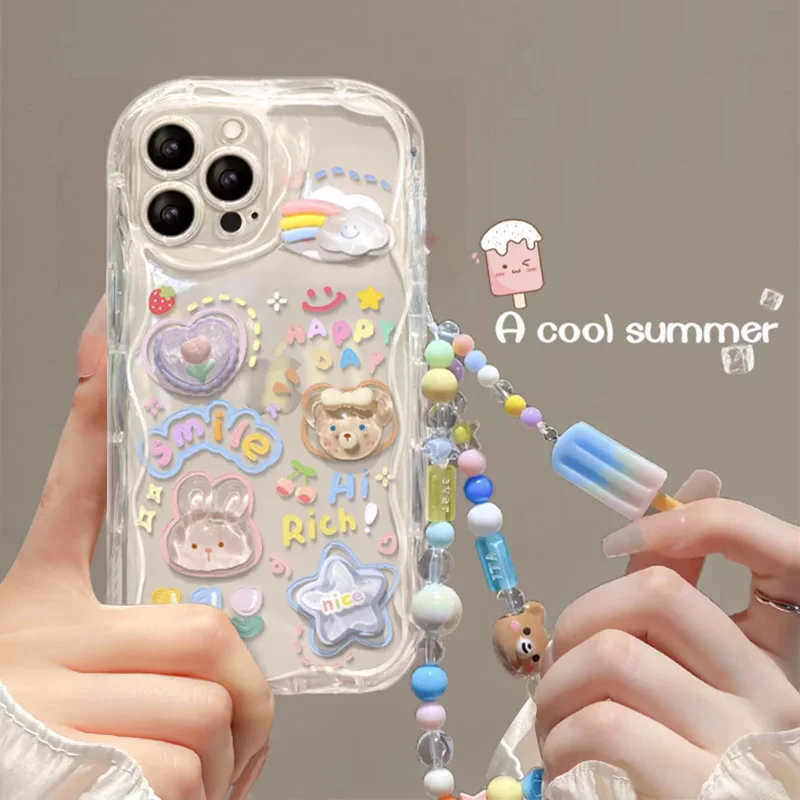 Korean 3D Bear Hang Phone Chain Lanyard Clear Soft Case For iPhone 15 14 Pro Max 11 12 13 Mini XR 6 8 7 Plus X XS SE Cute Cover