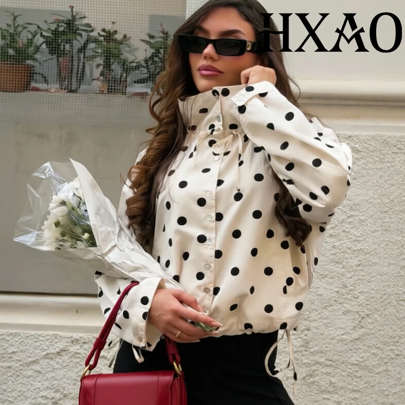 HXAO 2026 Woman Bomber Jacket Polka Dot Women's Demi-Season Jacket Spring Summer Loose Button Up Cropped Coat Tied Bow Outerwear