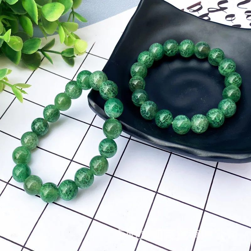 Green Dragon Scale Agate Round Bead Single Strand Ice Flower Bracelet for Men and Women 1.0