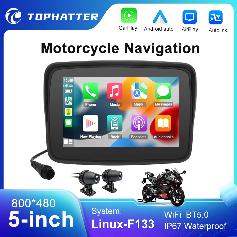

5-дюймовый мотоциклетный навигатор, беспроводной экран Carplay, Android-автомонитор, портативная камера, видеорегистратор, GPS, экран камеры Airplay