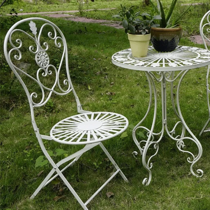 French Vintage Iron Table and Chairs Hollow-out Cafe Garden Chairs Rustic Metal Backrest Seat for Courtyard Ins Patio Furniture image 3