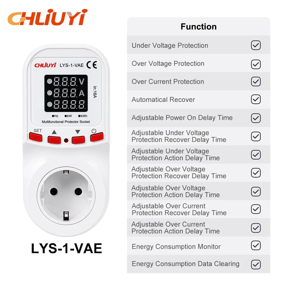 EU Socket protector  Automatic Reclosure Protector Over Under Voltage Protector Power Switch Adjustable threshold