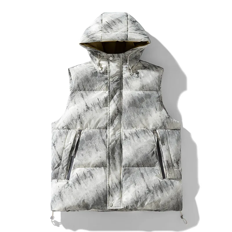 Winter New Large Size Down Vest Men's Hooded Tie-dye Camouflage Gradual Change 85 White Duck Down Plus Fat