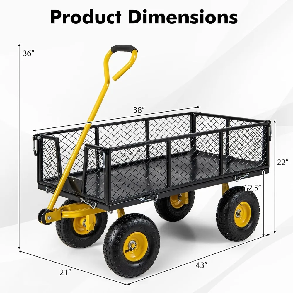 Mesh Steel Garden Cart 900lbs Capacity, 4 Removable Sides, 10 Pneumatic Tires, Adjustable Handle, Utility Wagon for Outdoor Task