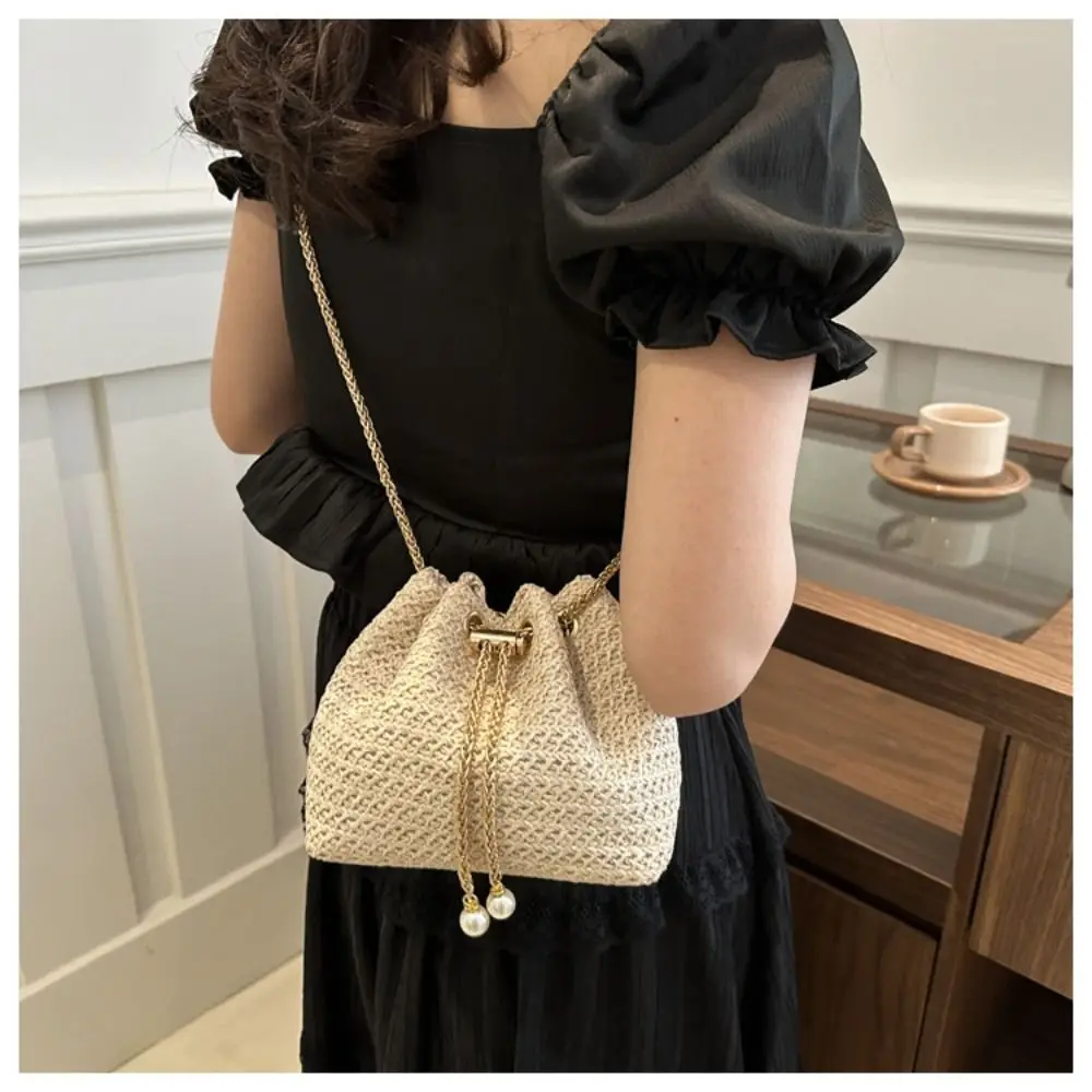 Bolso de mano de paja tejido con cordón para mujer y niña, bolsa de hombro cómoda de gran capacidad, elegante y a la moda