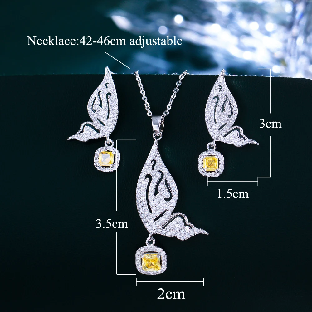 CWWZircons Brand Fashion Butterfly Shape Ladies Jewelry Silver Plated CZ Blue Crystal Dangle Earrings and Necklace Sets T158