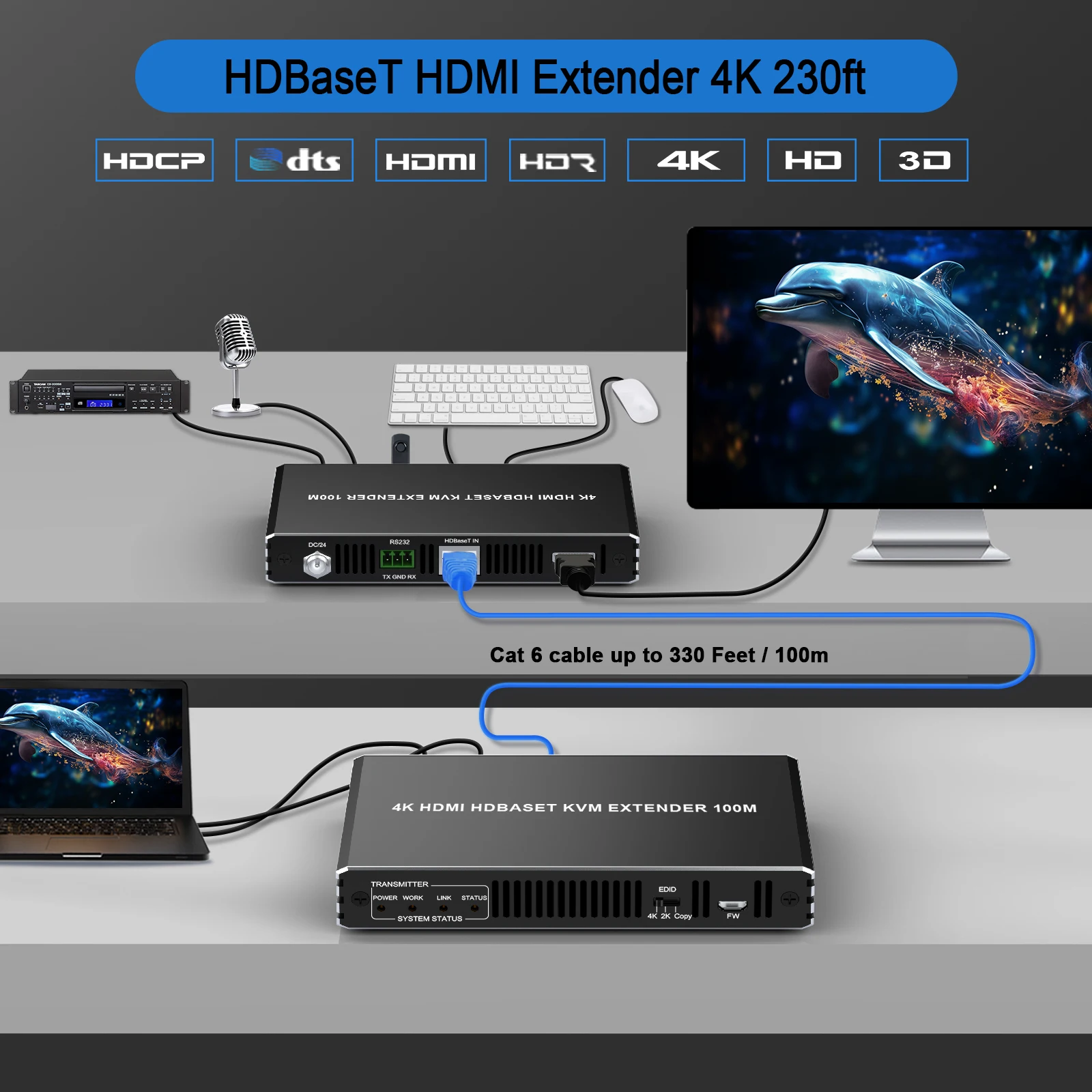 4K 60hz HDMI KVM Extender 100M 3 Ports USB2.0 Hub POE RS232 EDID Setting Stereo Audio and Microphone HDCP 2.2 KVM Extender