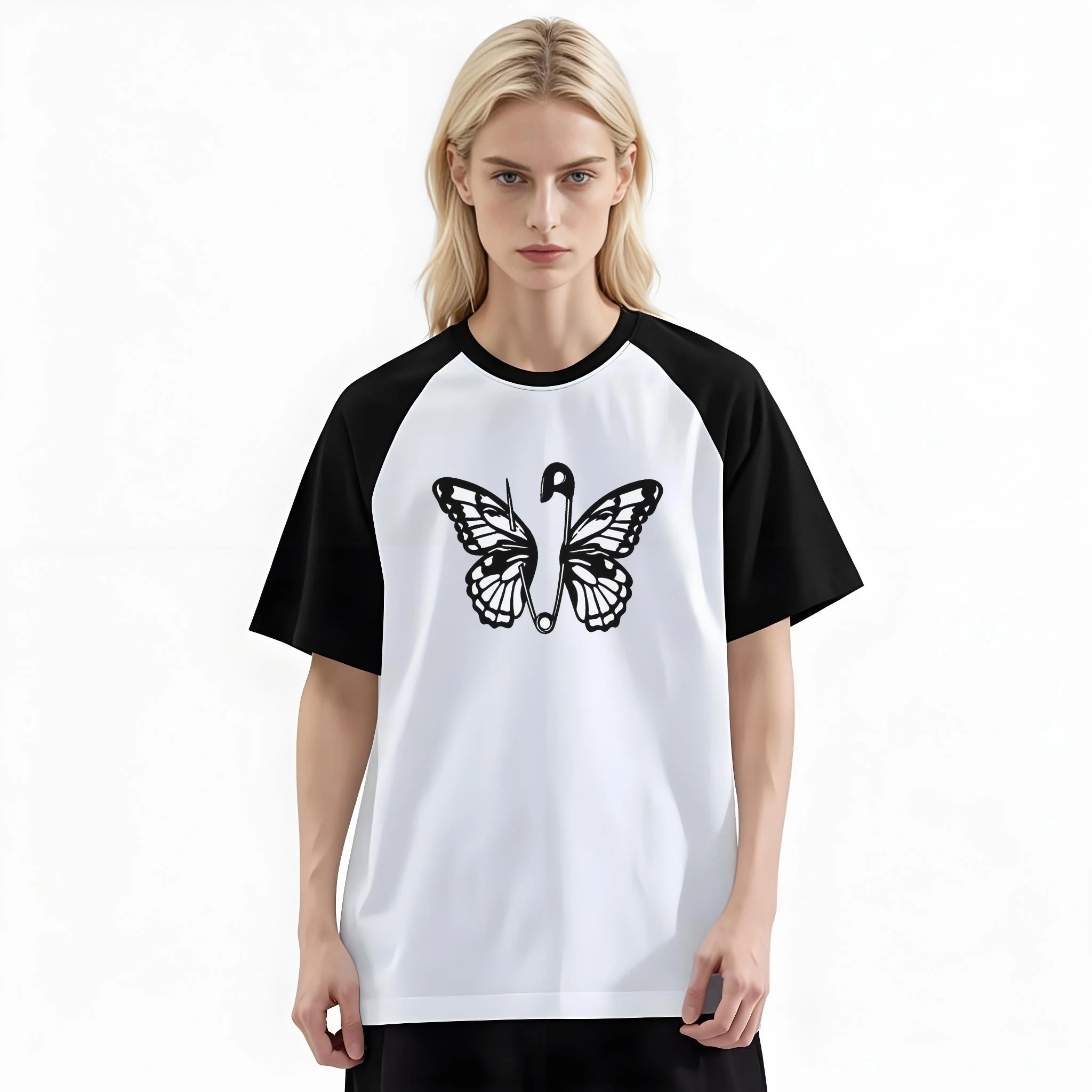 Women'S Fashion Raglan Sleeve T-Shirt, Safety Pin Butterfly Black Silhouette Printed, Summer Casual Comfortable Tee, Women'S Everyday Short-Sleeve Top