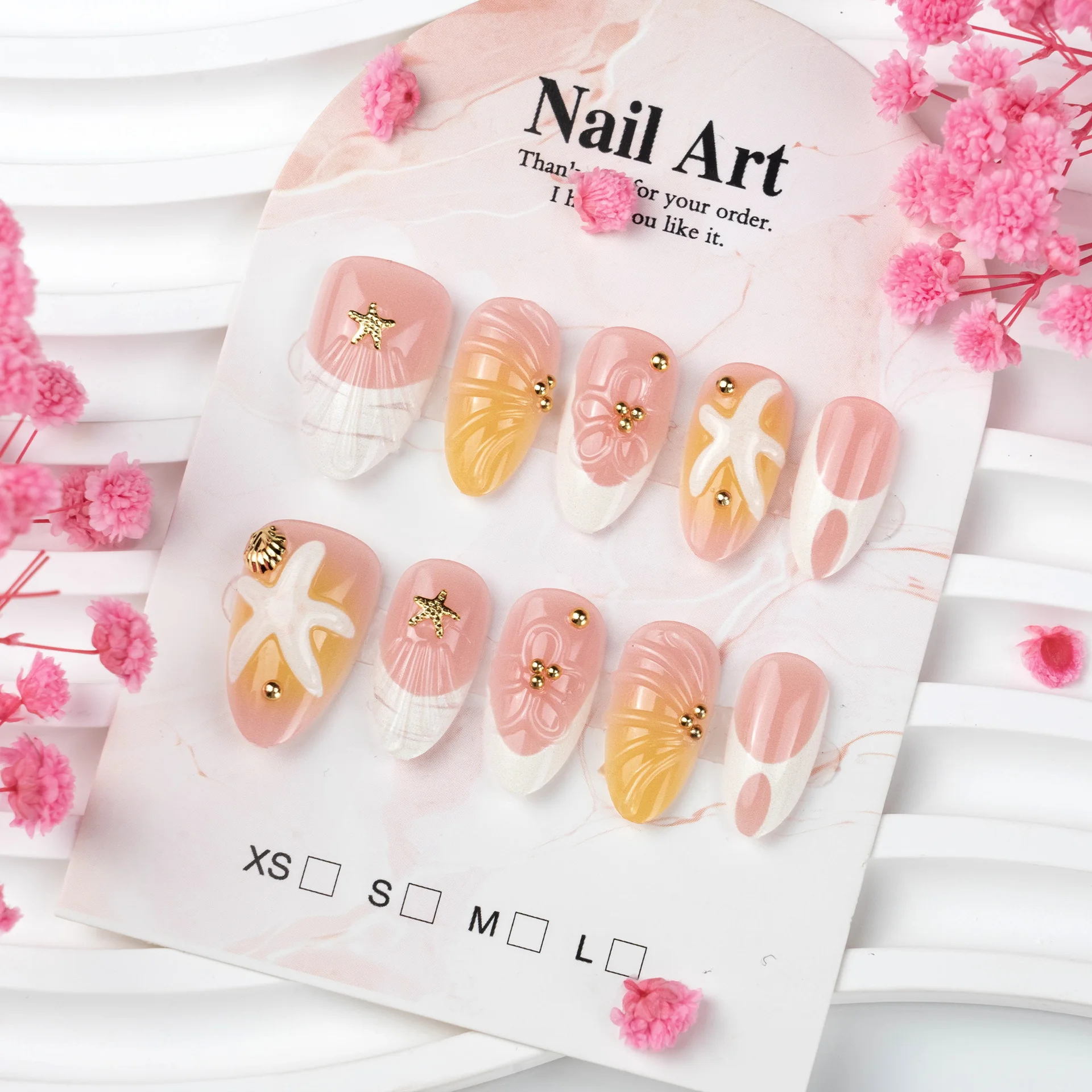 24PCS Almond Press on Nails 3D Starfish Seashell Pearl Gold Rivet Decor Ocean Beach Style Glossy Reusable False Nails for Summer
