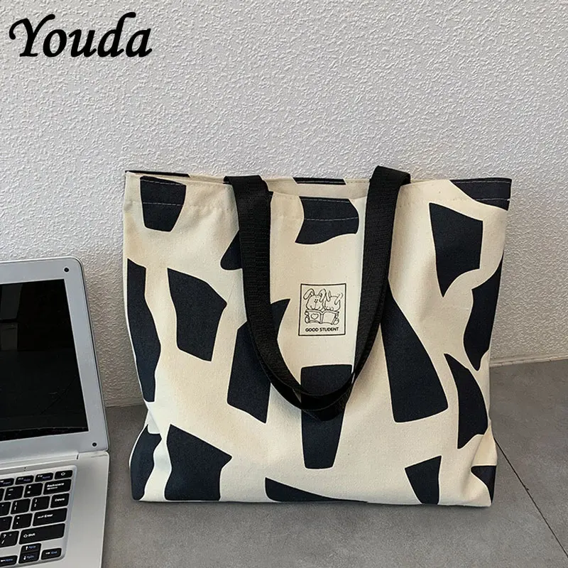 

Youda Canvas Shopping Bags Eco Reusable Foldable Shoulder Bag New Zipper Large Handbag Tote for Women Shopper Pocket