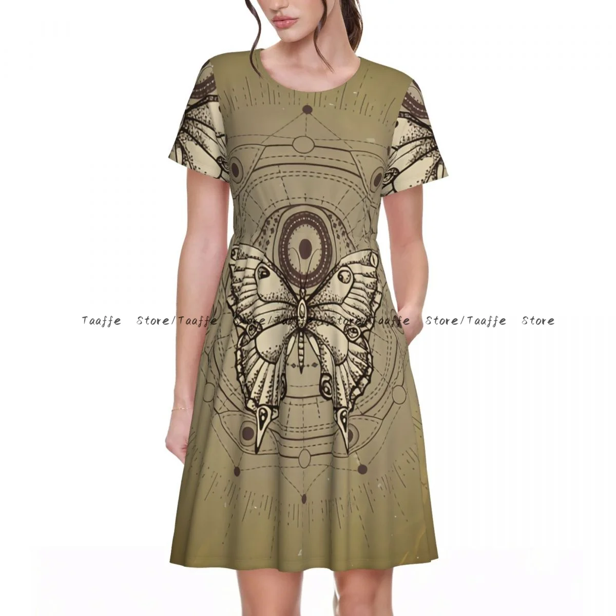 Women Casual Elegant Dress Butterfly Sacred Geometric Symbol Short Sleeves Loose Dresses Weekend Holiday