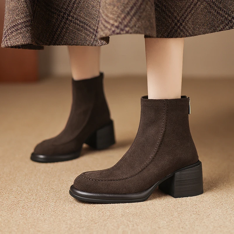 2026 new autumn winter women ankle boots natural leather 22-25cm cow suede upper round toe thick heel back zip short boots