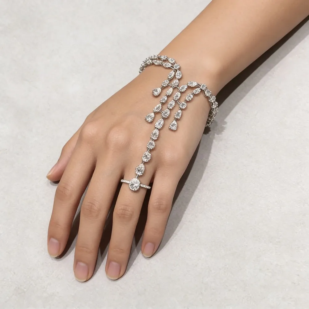 Teardrop Hand Chain for Women Rhinestone Slave Bracelet Sparkly Elegant Chic Glam Minimalist Party Jewelry Gift Box Packaging