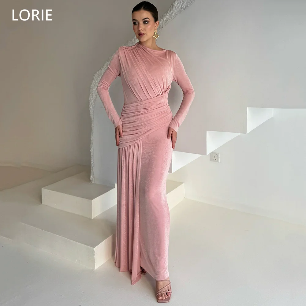 

LORIE Elegant Pink Party Dresses Velvet Sheath Full Sleeves Evening Prom Dress Pleated Formal Mermaid Prom Gowns Customized