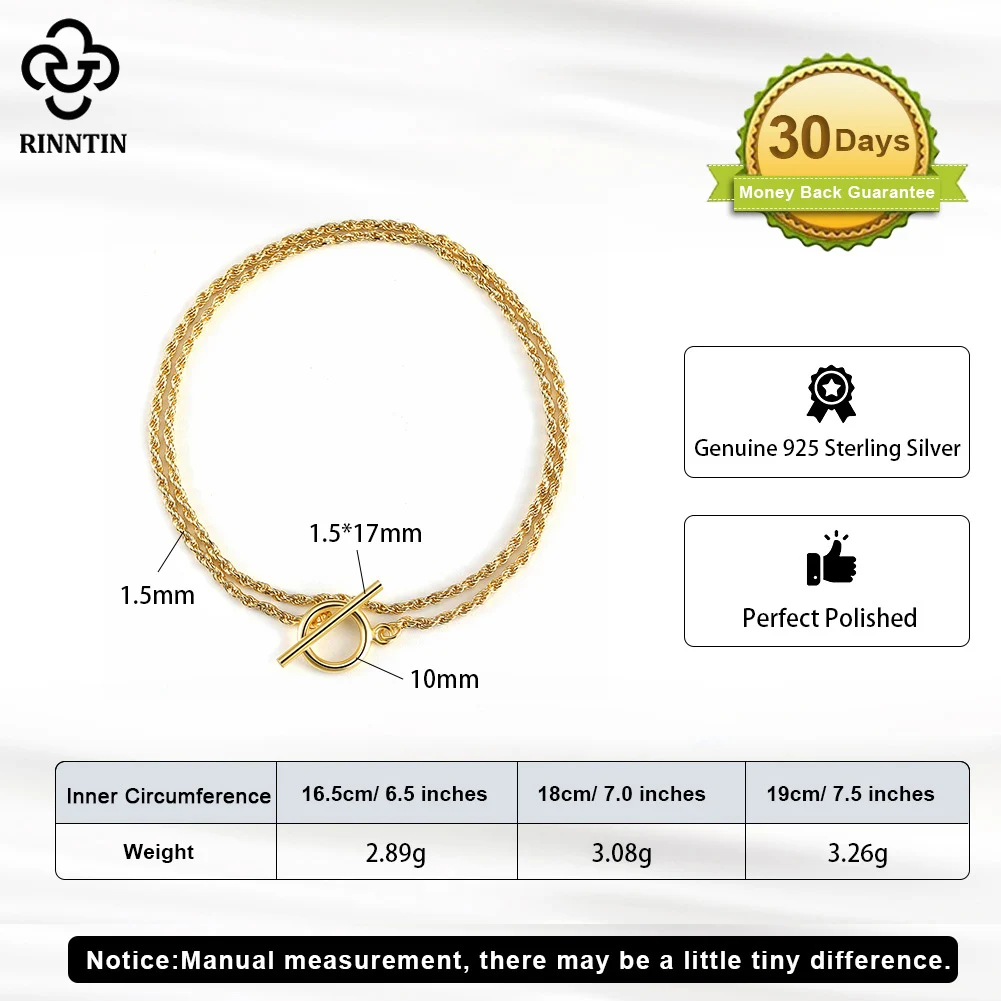 Rinntin Trendy Italian OT Toggle Clasp 925 Sterling Silver 1.5mm Braided Chain Bracelet 14K Gold Plated for Women Jewelry SB121