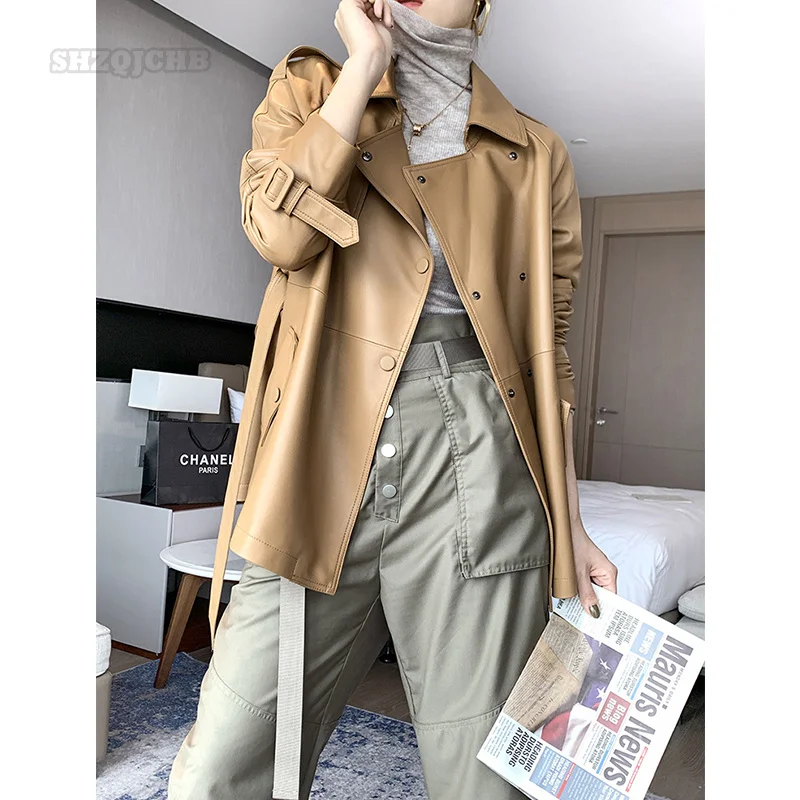 Genuine Leather Leather Women's Autumn Fashion Tunic Mid Length Sheepskin Windbreaker Ladies' Coat