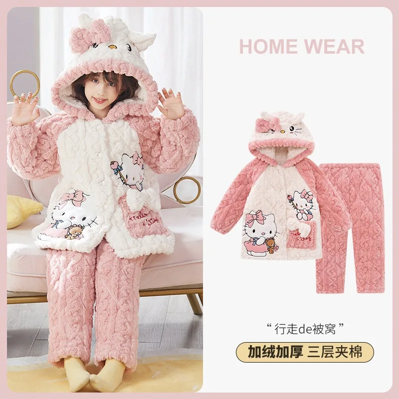 

Kawaii Sanrio Anime Hobby Hello Kitty Kuromi Cinnamoroll Winter Flannel Warm Pajamas Parent-Child Home Clothing Set