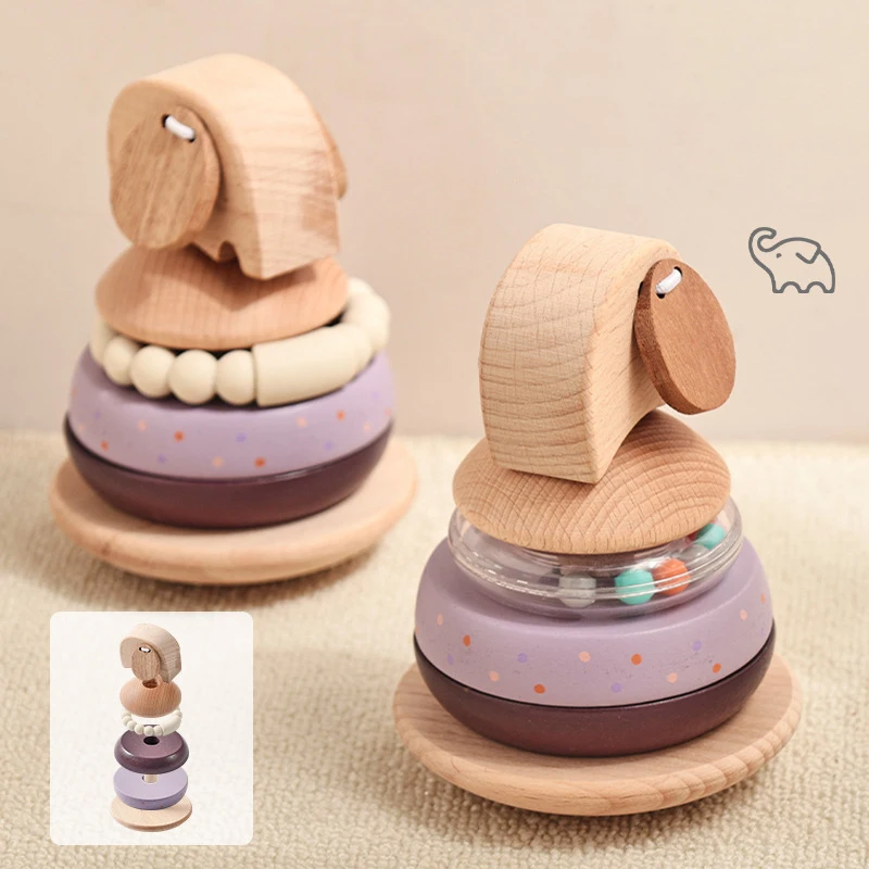 Wooden Elephant Stacking Rings Toy  Educational Early Learning Toy for Toddlers Blocks Develops Hand-Eye Coordination Gift Toys