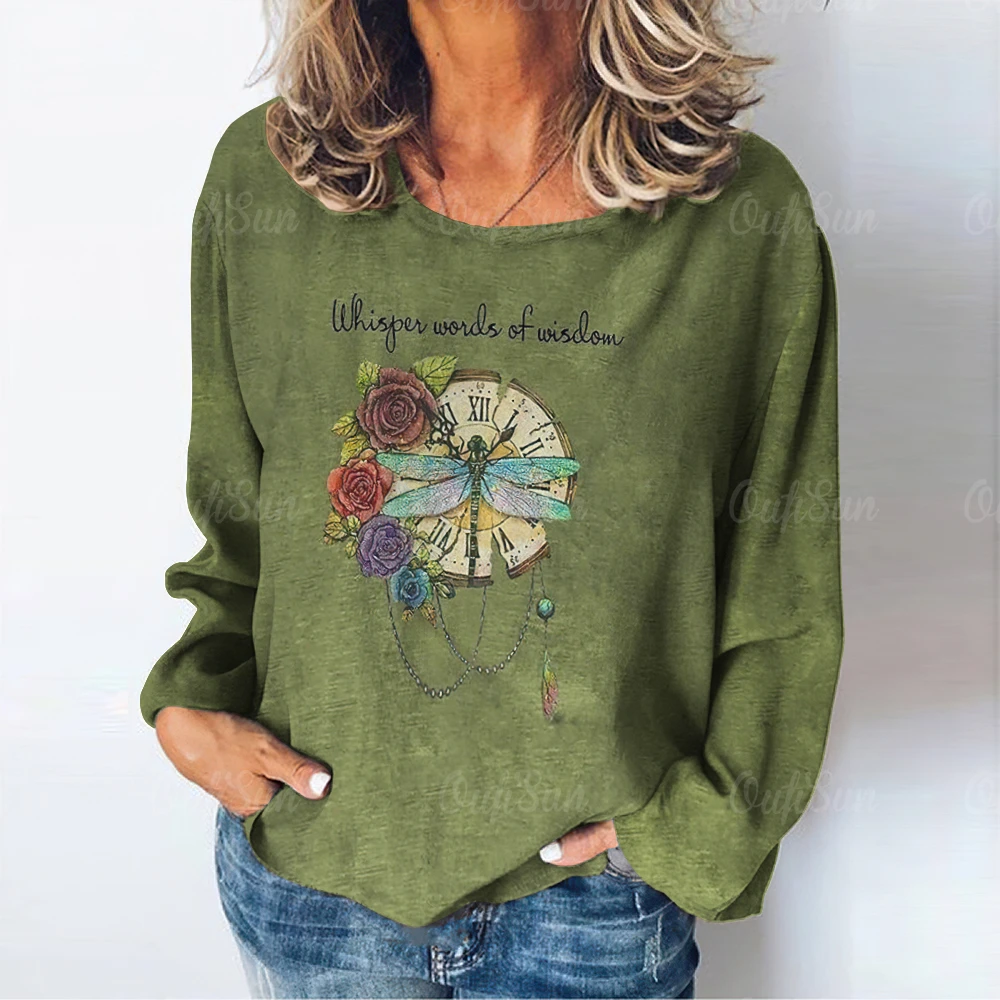 T-shirt da donna Vintage con lettera modello libellula magliette a maniche lunghe top Pullover in cotone autunno/inverno abbigliamento donna