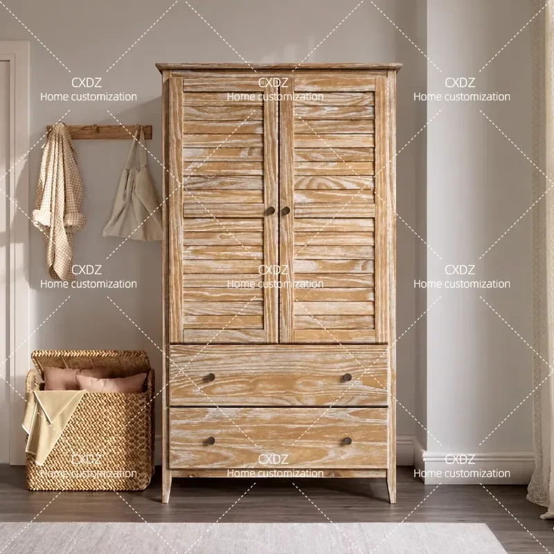 Retro Louver Door Solid Wood Wardrobe Double Three Door Large Storage Cabinet for Bedroom Small Apartment Old Household Style