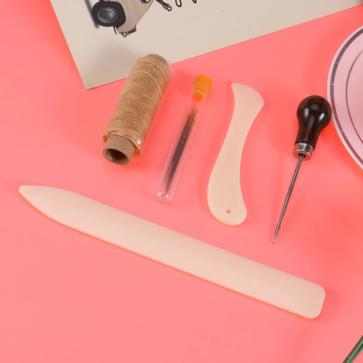 10pcs Bookbinding Tools Set Bone Folder Creaser Plastic Waxed Linen Thread Wood Handle Awl Large-Eye Needles Handmade Diy Books