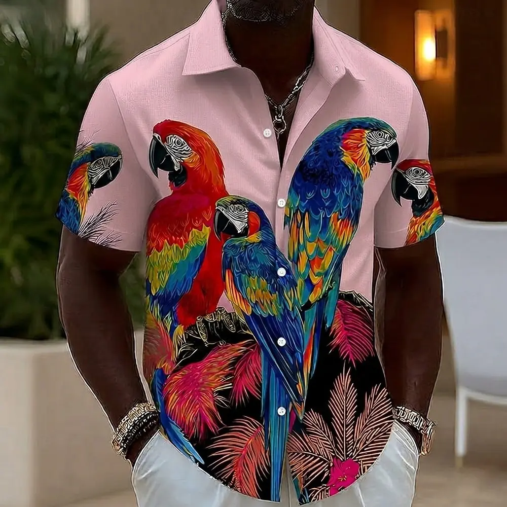 Men's Spring Summer Hawaiian Shirt Parrot Bird Tropical 3D Print Short Sleeve Button Up Shirt Blue Yellow Pink Green Beach Wear