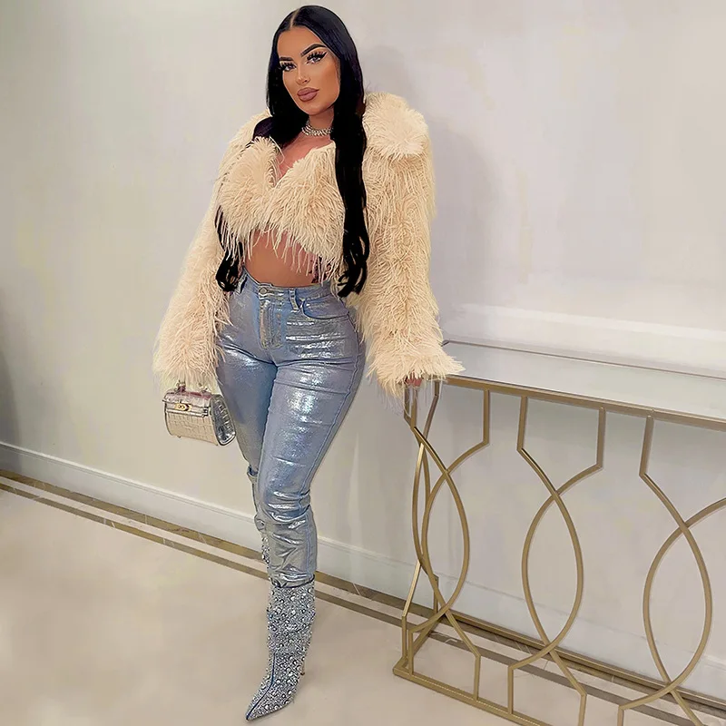 KIDCRKJ Women Winter Artificial Fur Coat Cropped Fringed Long Sleeve Female Faux Fur Coat Multicolor Sexy Lady Eco Fur Jacket