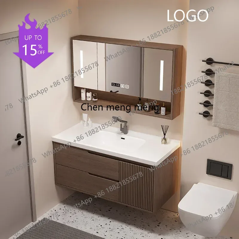 D1089 Mueble de Baño Inteligente Minimalista Moderno de Roble con Espejo, Combinación de Madera Maciza con Acabado Pintado, Estilo Chino Moderno