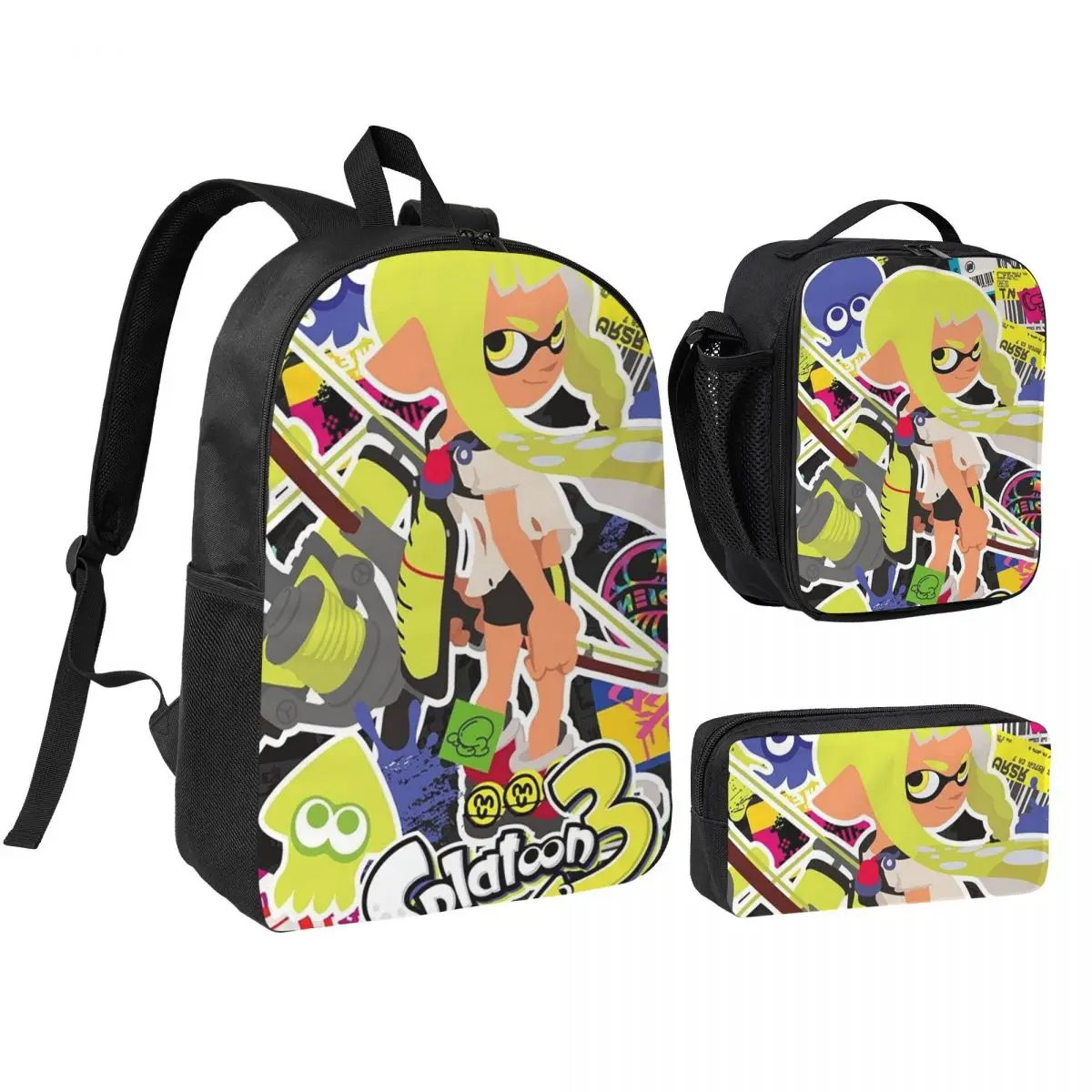 Cartoon Popular Splatoon 3 Game Backpack Boys Girls BookBag School Bag Shoulder Bags 3ps Insulated Lunch Bag Pencil Case